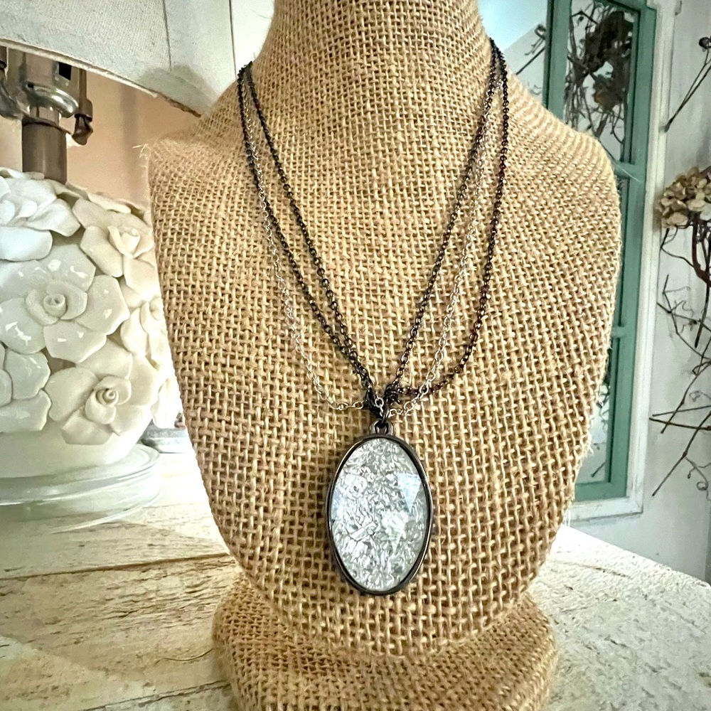 🩶Oval Crushed Foil Hematite & Silver 3 Chain Necklace by Cookie Lee